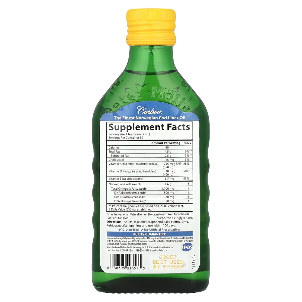Carlson Labs Norwegian Wild Cod Liver Oil, Lemon Flavor, 1000mg, 250ml (8.4 fl oz)