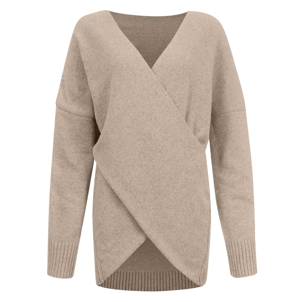 Women's Fashion Winter Warm Solid Color Sweater Cross Loose Knitted Sweater