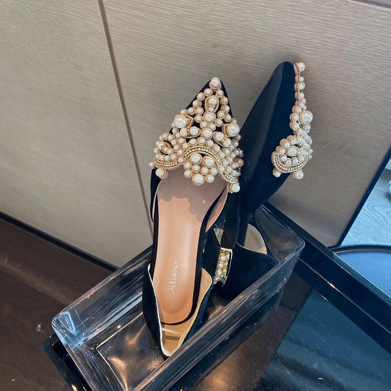 Black New Crown Pearl Flats Women Wedding Shoes Pointed Toe Female Dress Moccasins Low Pearl Heel Ladies Fashion Luxury Style 43