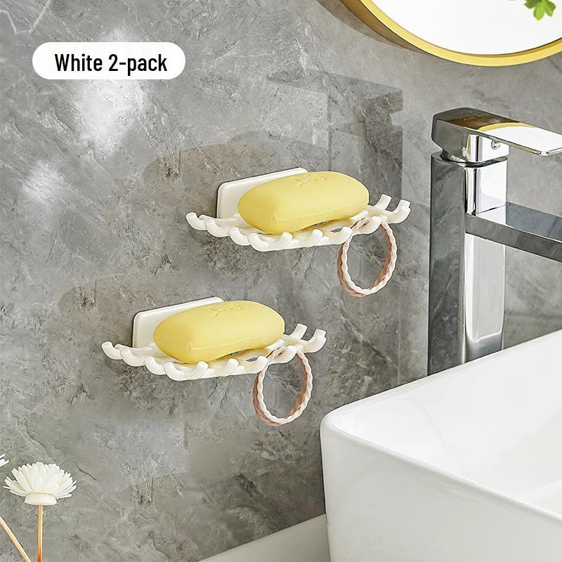 Wall-Mounted Punch-Free Soap Dish with Drain Rack & Hooks for Bathroom