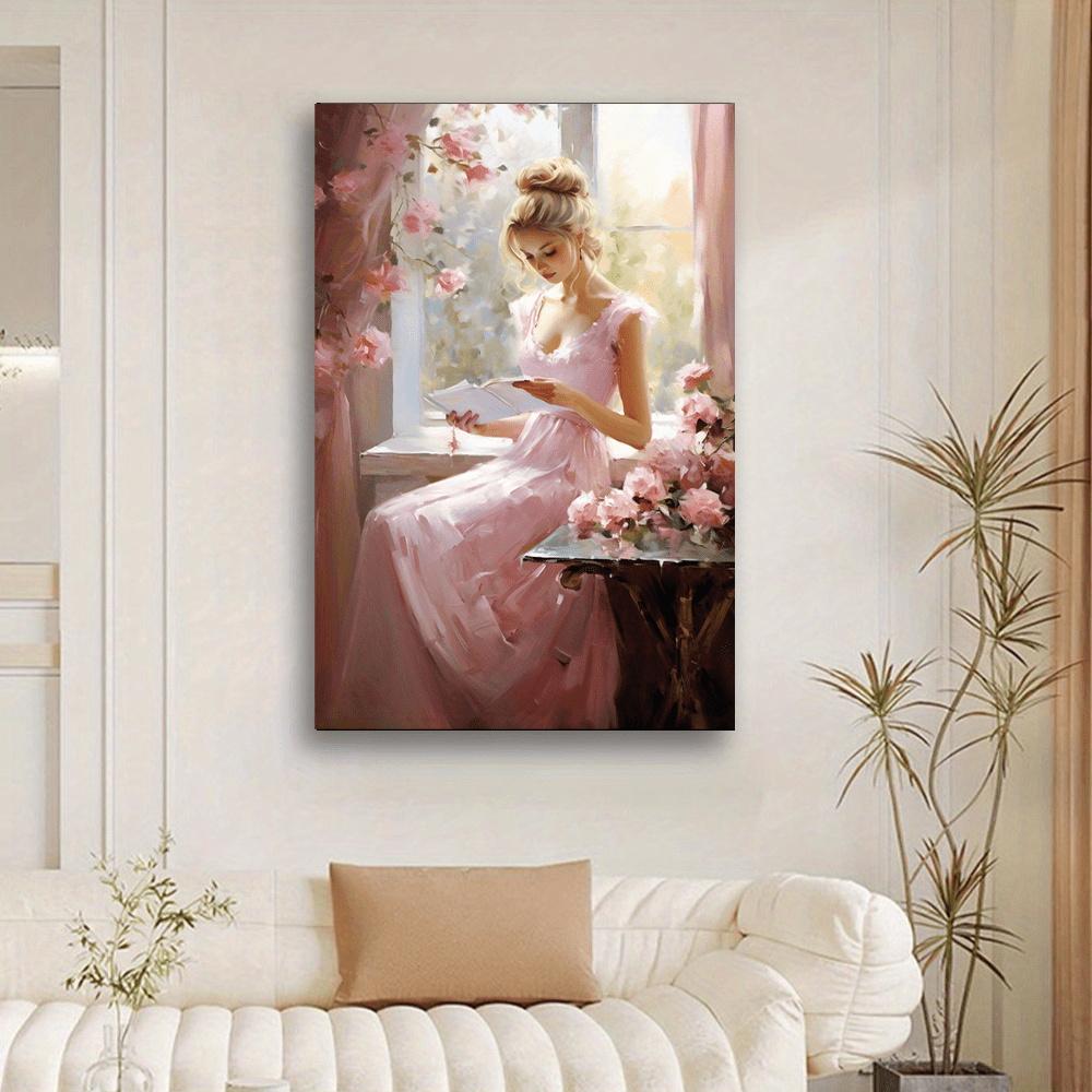 1 buc Poster Vintage Elegant Femeie Citind, Artă pe Pânză Femeie în Stil Victorian cu Flori, Ideal pentru Casă și Birou, Decor Cameră