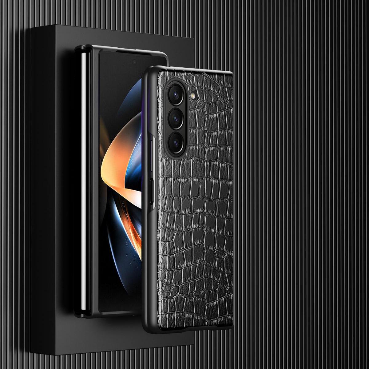 

For Samsung Galaxy Z Fold5 5G Crocodile Texture Folding Phone Case PU Leather Coated PC Cover Black