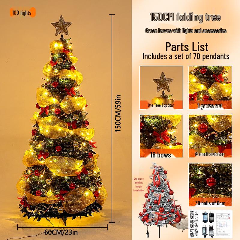 Luxury Folding Telescopic Christmas Tree with Warm Lights - Green Flocking Floor-Standing Decor