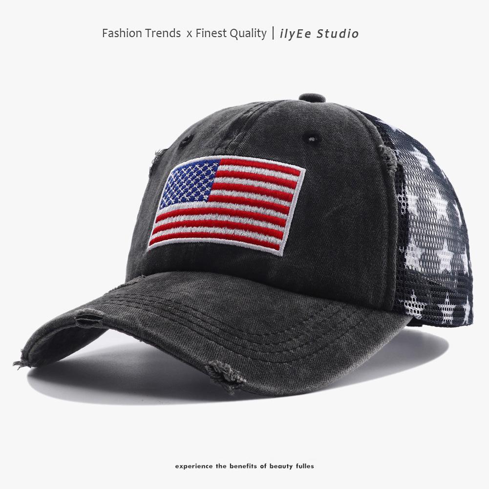 Popular European, American flag embroidery baseball cap mesh cap retro washed baseball cap sun hat
