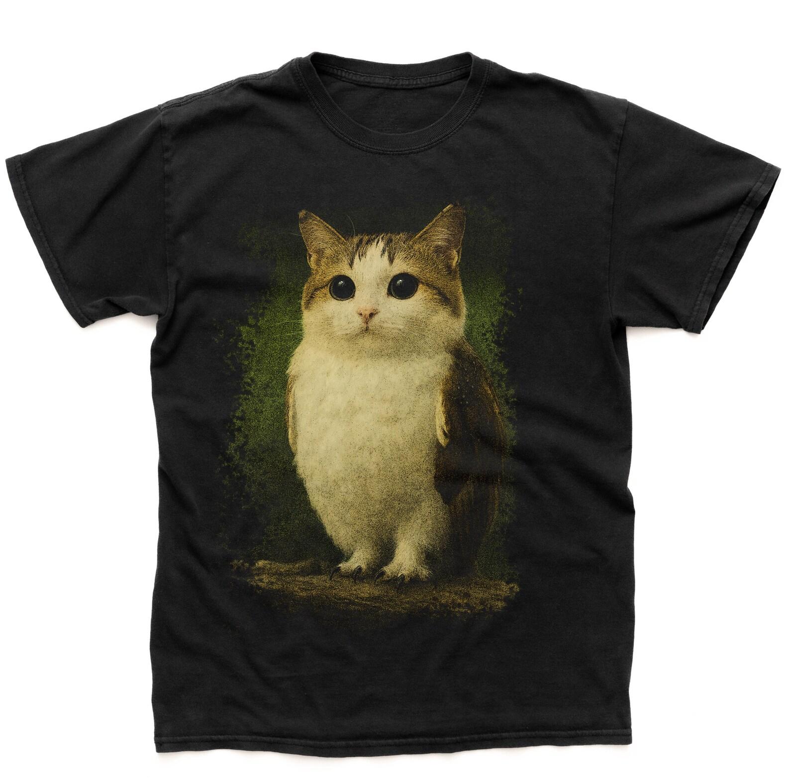 Meowl Cat Vintage T Shirt, Funny Y2k Cat Owl Meme Tshirt, Oddly Specific T-Shirt L