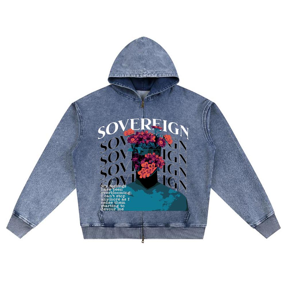 DTG print Knitted Denim Zip-Up Hoodie Sovereign Brother Print Zipper Hoodies  