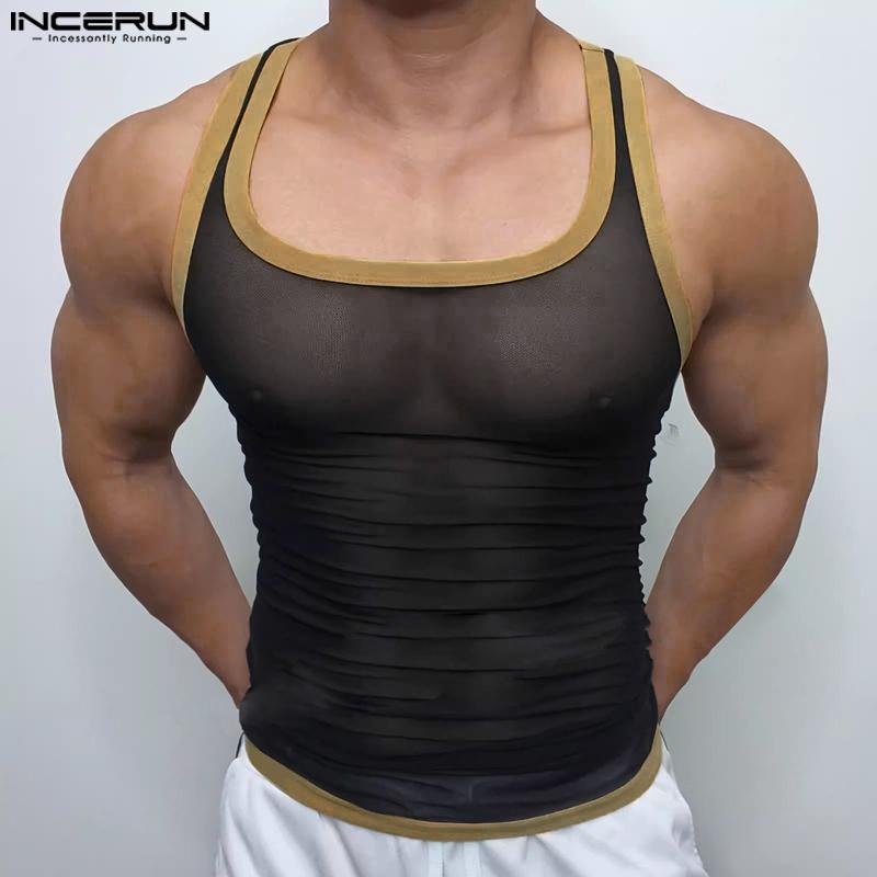 INCERUN Débardeurs à bretelles transparentes pour hommes Hauts transparents en maille patchwork