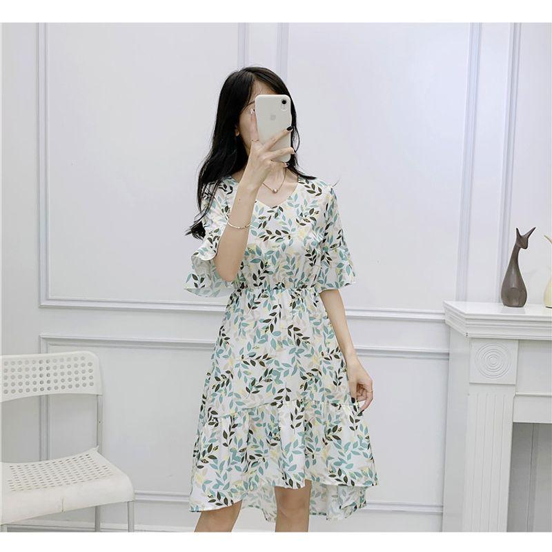 

Retro V-neck Elastic High Waist Slimming Irregular Pullover Print XS