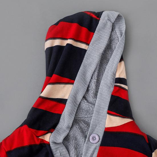 Stribet Print Langærmet Sweaterfrakke Efterår Vinter Knaplukning Hætte Plysforing Sweater Cardigan Ydertøj