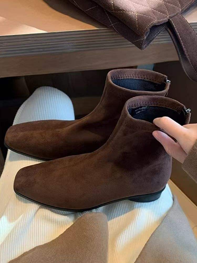 Botines de Tobillo Pequeños de Tacón Grueso Punta Cuadrada Botas Martin de Mujer Versátiles Botas Ajustadas de Ante Otoño e Invierno Coreanas Botines Chelsea Cortos Botas Individuales