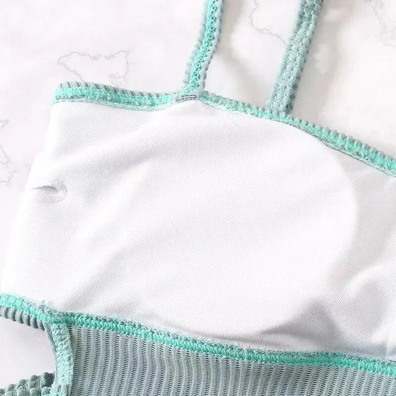 Sexy Gerippter Einteiler Badeanzug Einfarbig Bademode Damen Cut Out Monokini Hochgeschnitten Schwimmanzug Weiblich Baden Bikini Anzüge