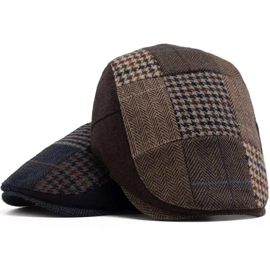 Men Women Patchwork Plaid Beret Vintage Wool Blend Flat Cap Autumn Winter Newsboy Hat Fashion Casual Female Ivy Caps For 54-58cm