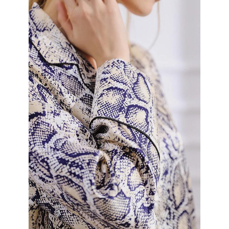 Mulberry Silk Long Sleeve Pants Printed Pajamas Set Casual Home Wear Women's Home Wear Buttons