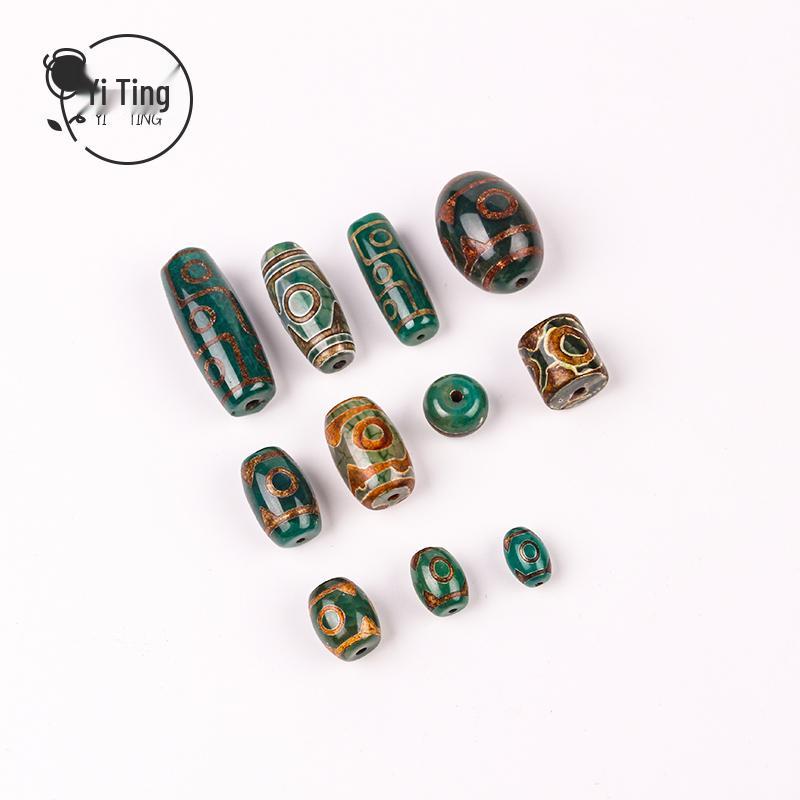 Green Agate Three-Eyed Nine-Eyed Dzi Beads Handmade Retro Necklace Accessories.