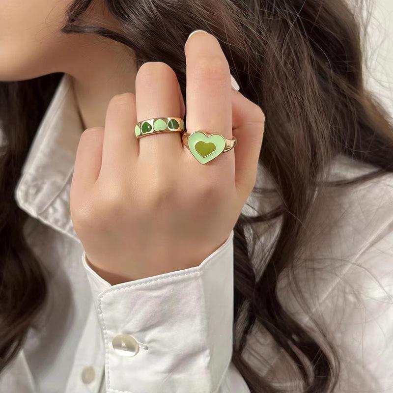 Green Heart Open Ring - Women's Trendy Retro Light Luxury Niche Index Finger Ring