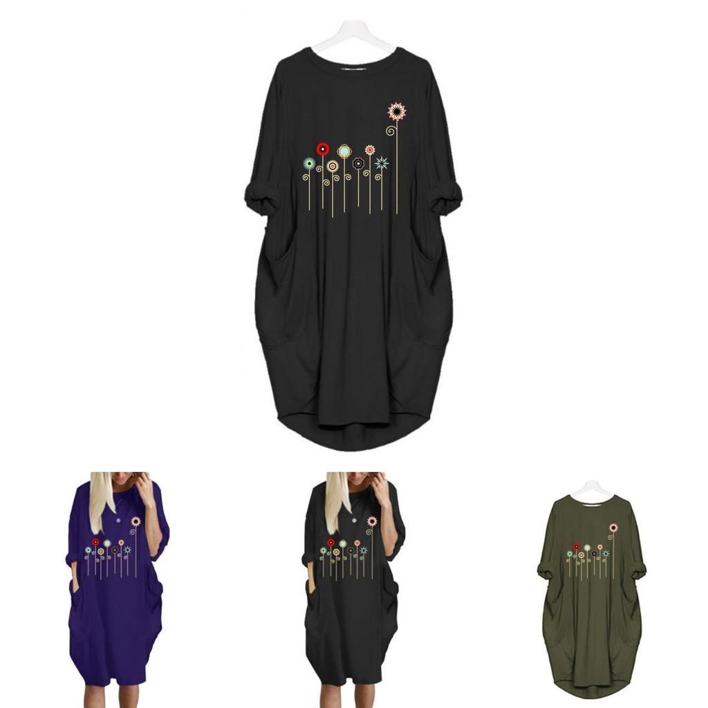 Women Dress Pullover Stylish Loose Fit Short Sleeve Casual Dress With Pocket