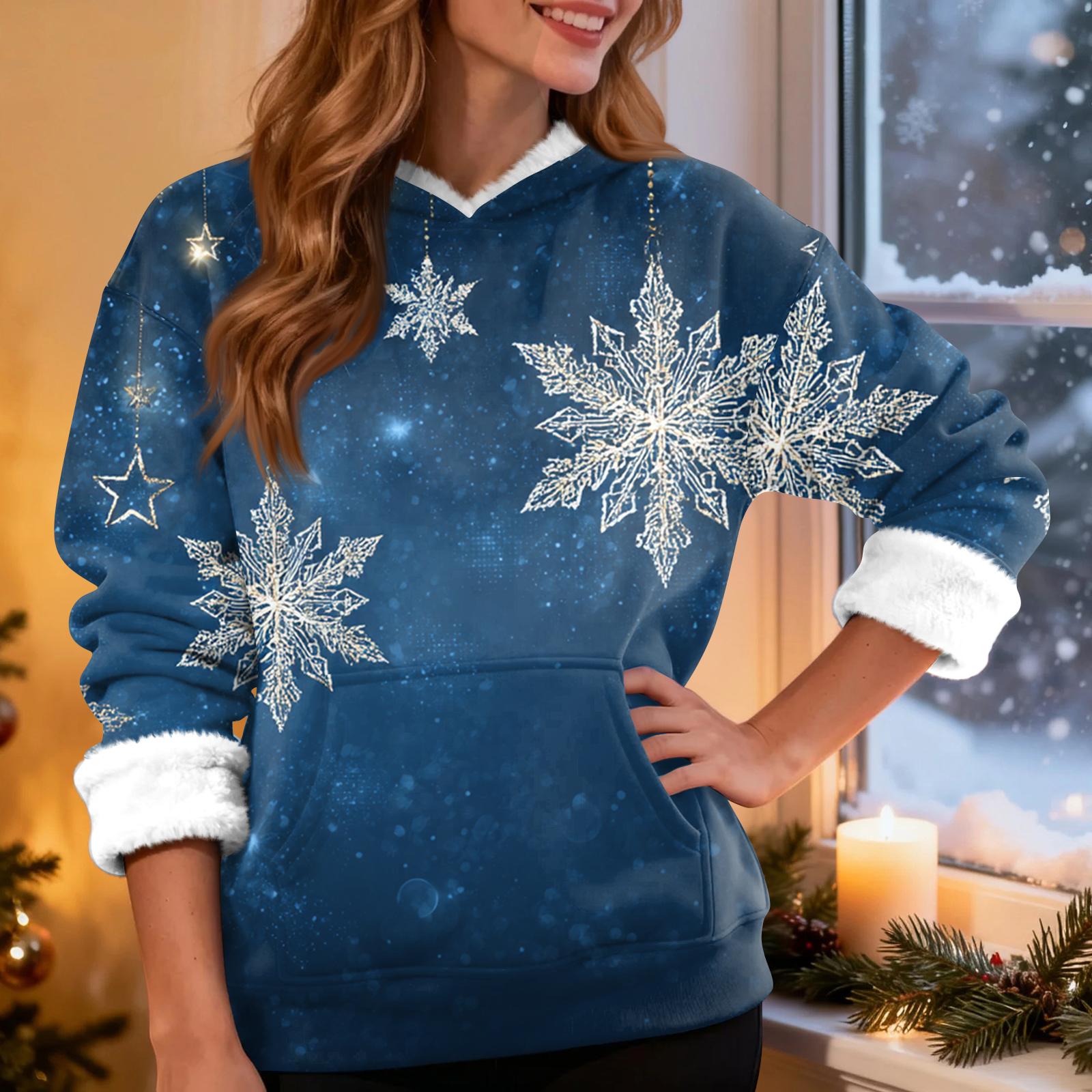 

Women s Casual Fashion Plus Velvet Thickened Christmas Print Hooded Sweatshirt XXXL синий