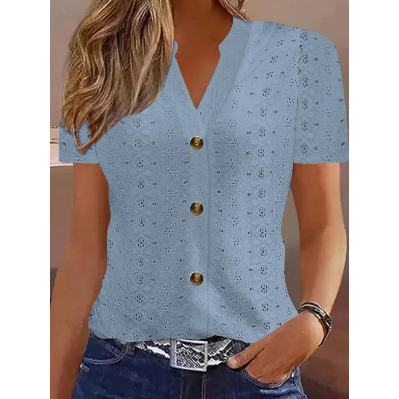 Jarní a letní móda ležérní jednobarevné knoflíkové výstřih do V krátký rukáv dámské halenky a košile