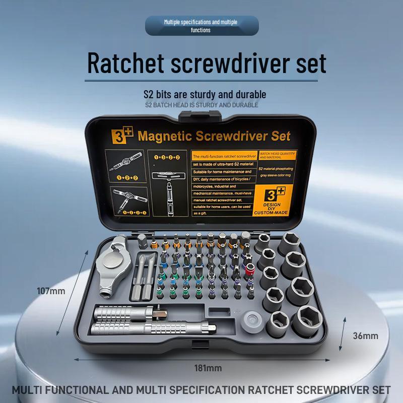 66-in-1 Multi-Purpose Cross-Functional S2 Steel Ratchet Screwdriver Set with High Hardness Bits