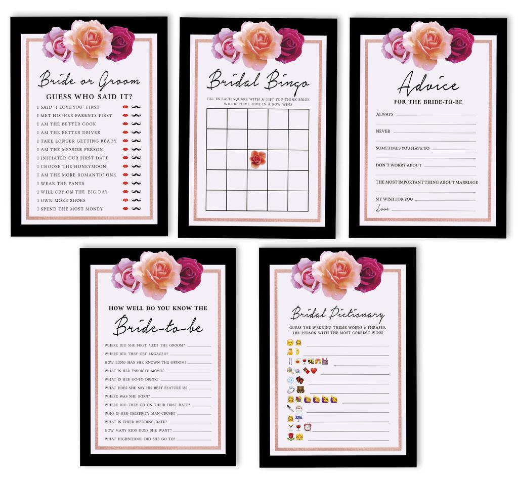 Inkdotpot Floral Theme Bachelorette Party Games Set Bundle of 5 (Activities for 50 Guest) Fun Bridal Shower Games Set