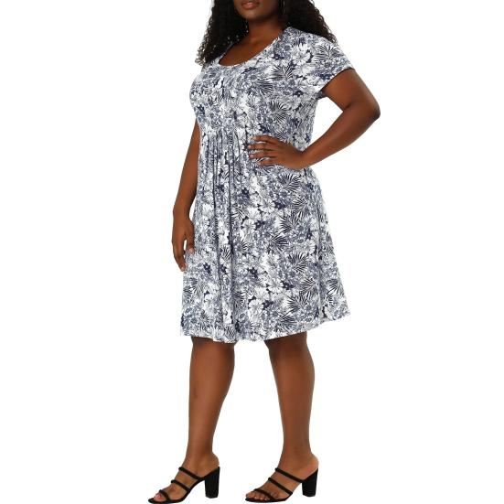 Women Dress Round Neck Short Sleeve Pleated Detail Short Dress Floral Print Flowy Hem Loose Fit Dress Plus Size