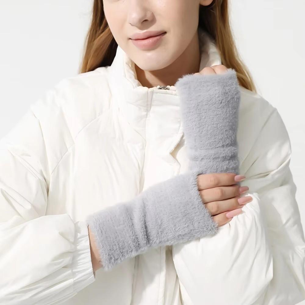 Thick Half Mittens Faux Fur Plush Gloves Protable Fingerless Gloves  for Women Girl