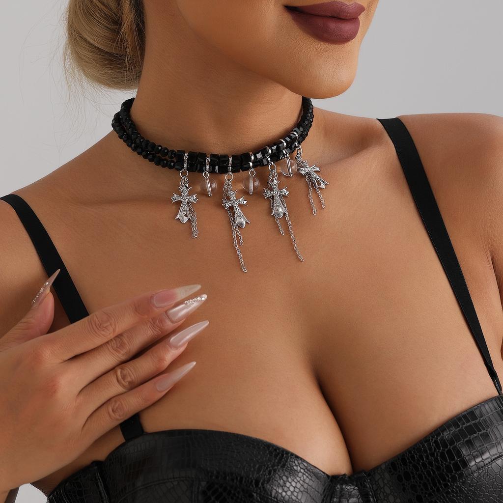 Jewelry Diamond Cross Glass Ball Fringed Collarbone Chain Neck Chain Sweet Cool Babes Wind Necklace
