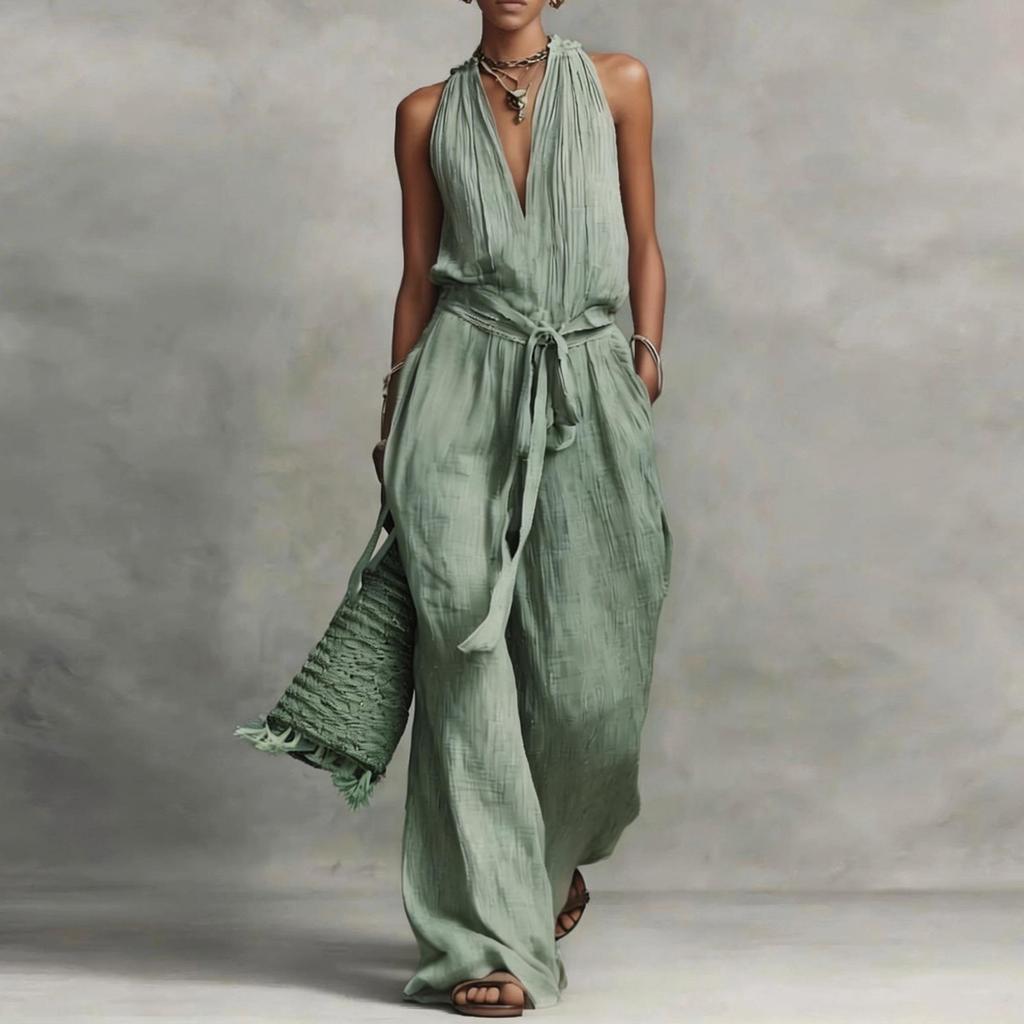 Women Sleeveless Cotton Linen Jumpsuit Casual Loose Fit Drawstring Waist Wide Leg One Piece Romper for Everyday Wear