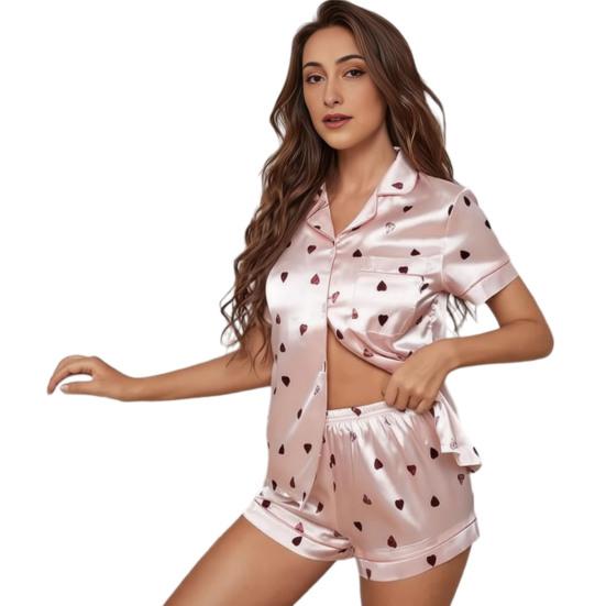 

Women s Satin Pajama Set Short Sleeve Button Down Shirt And Shorts Sleepwear Summer Heart Print 2 Piece Loungewear M рожевий