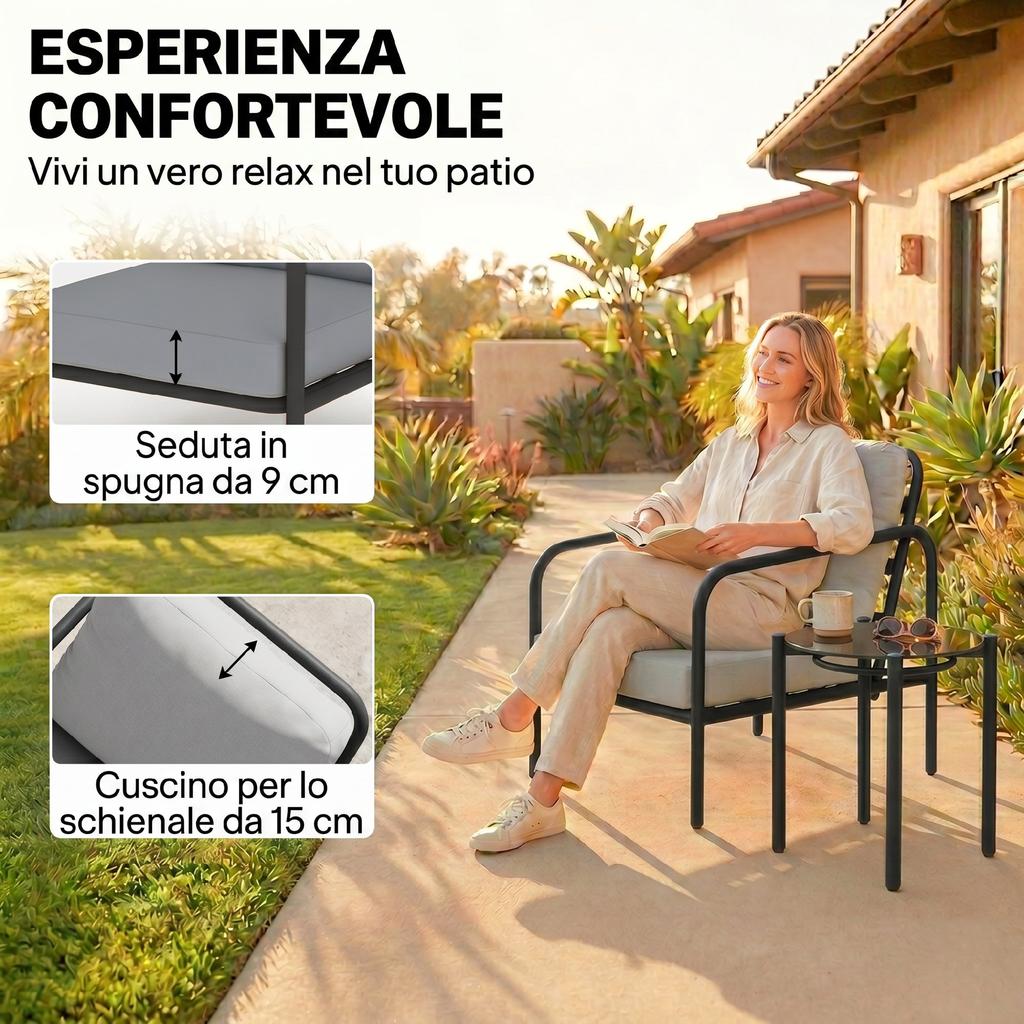 3-Piece Steel Bistro Set with 2 Chairs with Thick Cushions, Table with Black Tempered Glass Top