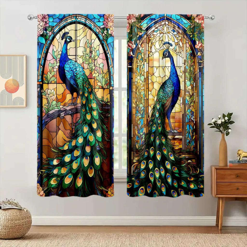 JIT 2pcs Floral Peacock Print Curtains Room Darkening Rod Pocket Polyester Window Drapes Home Decor for Living Room Bedroom