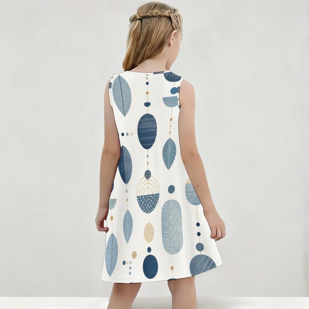 Girls Round Neck Sleeveless Geometric Printed A Line Flared Dress
