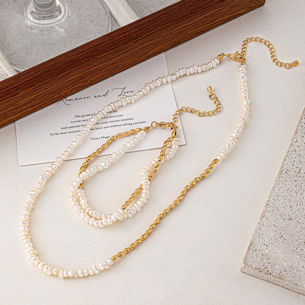 GEMCHIC Women's Freshwater Pearl Necklace and Bracelet Set Stainless Steel Layered Jewelry