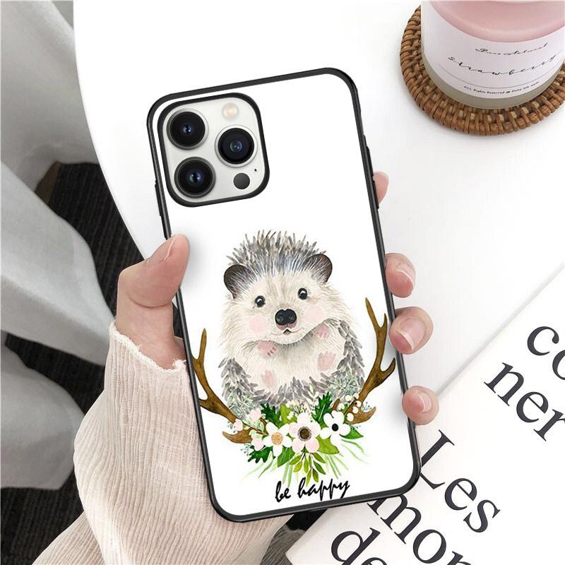 Animal Head Wearing Flowers Hedgehog Fox Phone Cover For Iphone 14pro 11pro 12 13promax 5 6s Xs 7 8plus SE Xr 12mini Coque Cases