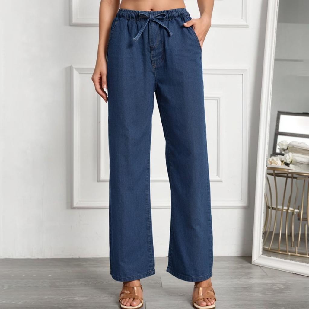 Women's Mid- Stretch Jeans Fashion Straight Leg Denim Pants With Pockets