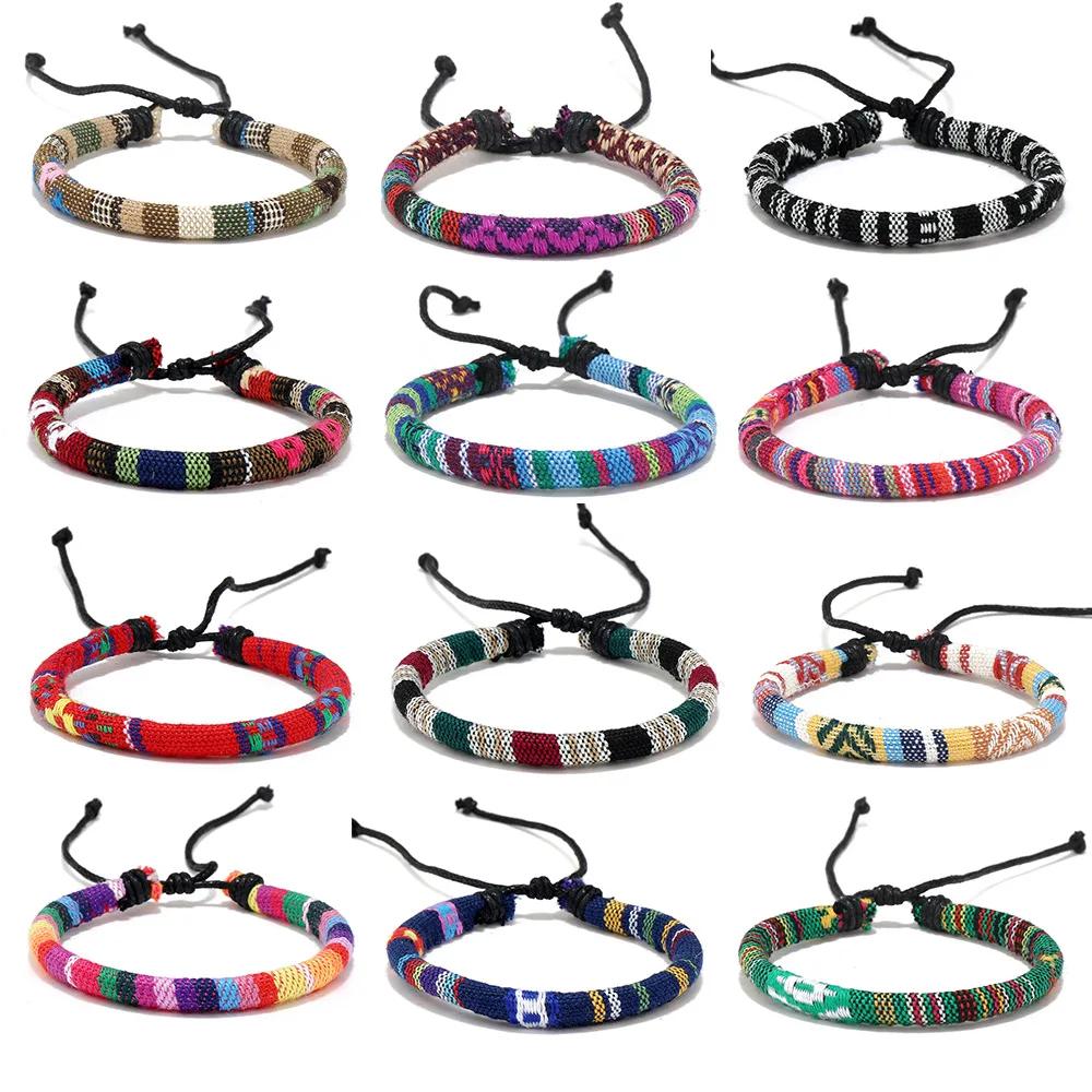 12Pcs Bohemia Colorful Bracelet Set For Women Nepal Ethnic Fabric Braided Rope Adjustable Bangle Men  Summer Jewelry