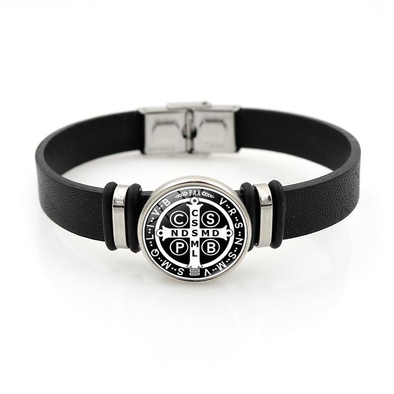 Elegant Saint Benedict Medal Adjustable Bracelet Stylish Black Leather Jewelry Unisex Gift