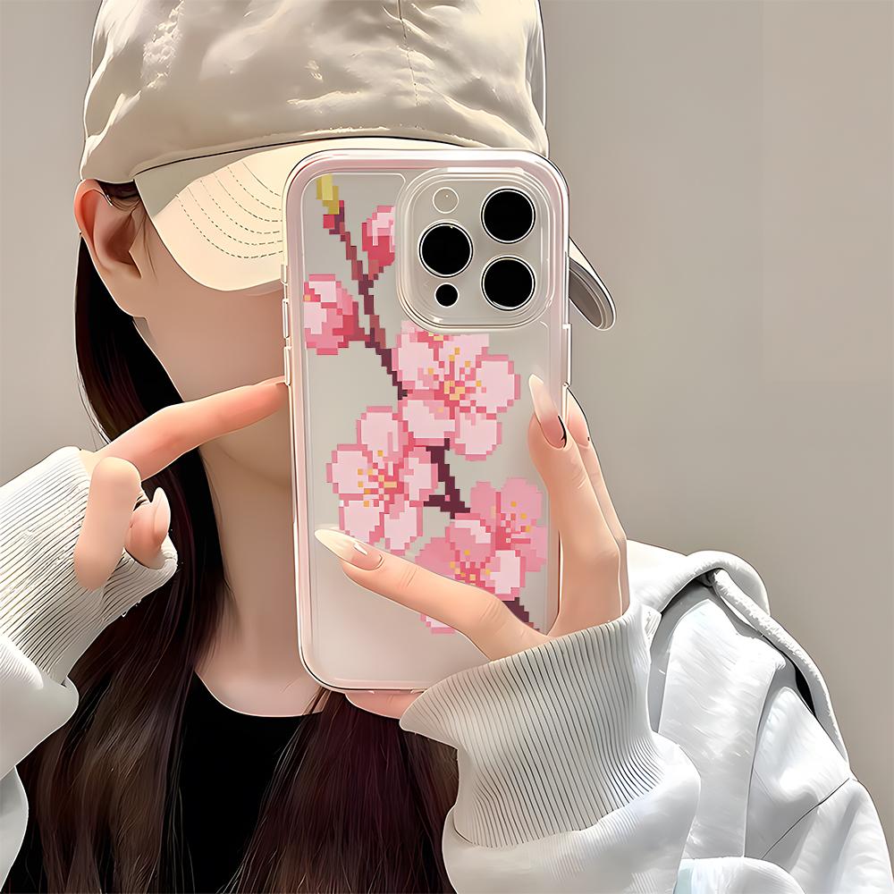 Pink Pixel Cherry Blossom Phone Case For iPhone 17 16 15 14 13 12 11 Pro Max Air 14 Plus 2 In 1 Candy Color Clear Silicone Cover