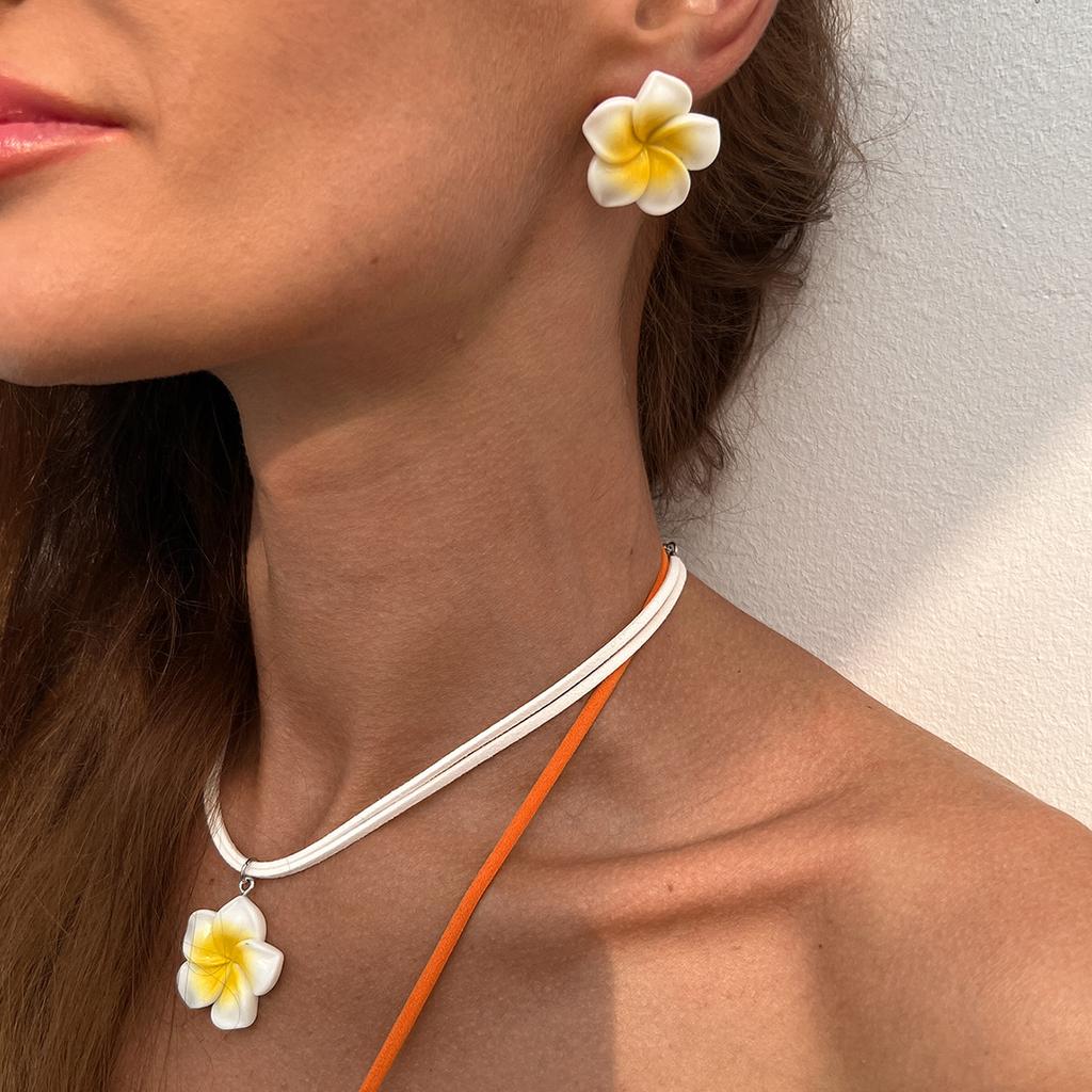 Dopamine Plumeria Pendant Necklace Set Sweet Three-Dimensional Flower Korean Velvet Collarbone Chain