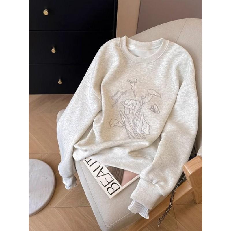 Womens 2026 Winter Loose Sweatshirt Floral Embroidery Lace Splice Casual Top