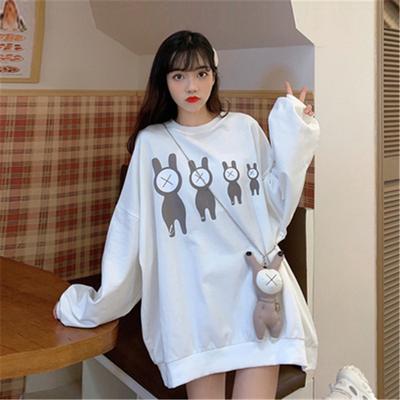 Sudadera con capucha con estampado de dibujos animados para mujer, cuello redondo, manga larga, jersey holgado de gran tamaño, top de nicho para estudiantes, otoño e invierno