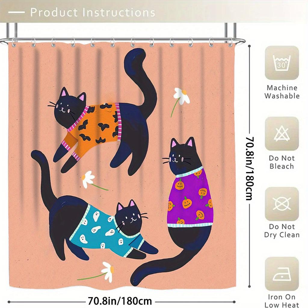 Black Cat Decorative Shower Curtain Bathroom Set - Machine Washable, With 12 Hooks, Including Toilet Seat Cover And Bathtub Mat
