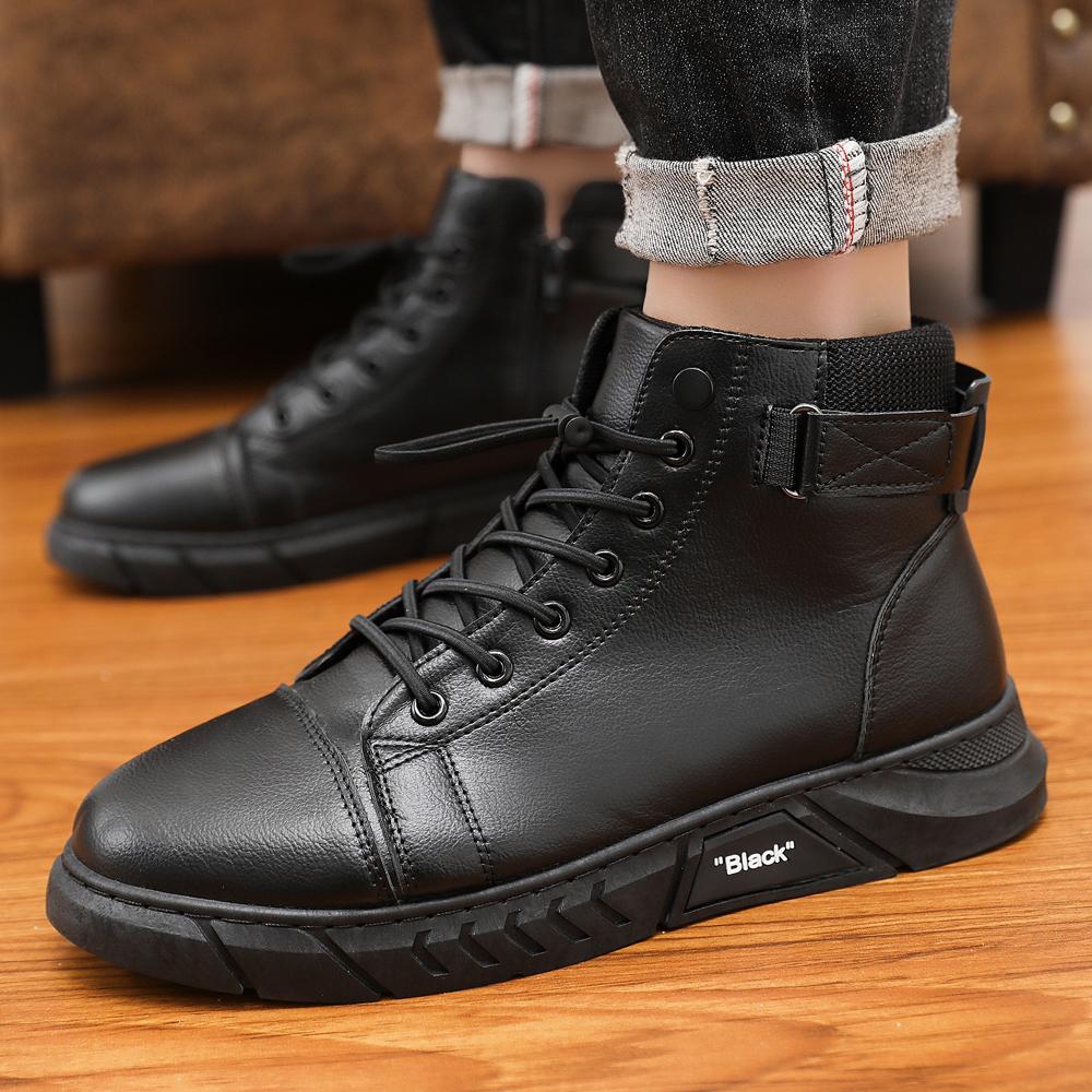 Autumn Cheap Mens Black Boots Trendy Comfortable Casual Leather Boots Men High-top Lace-up  Work Boots For Men Botas Para Hombre