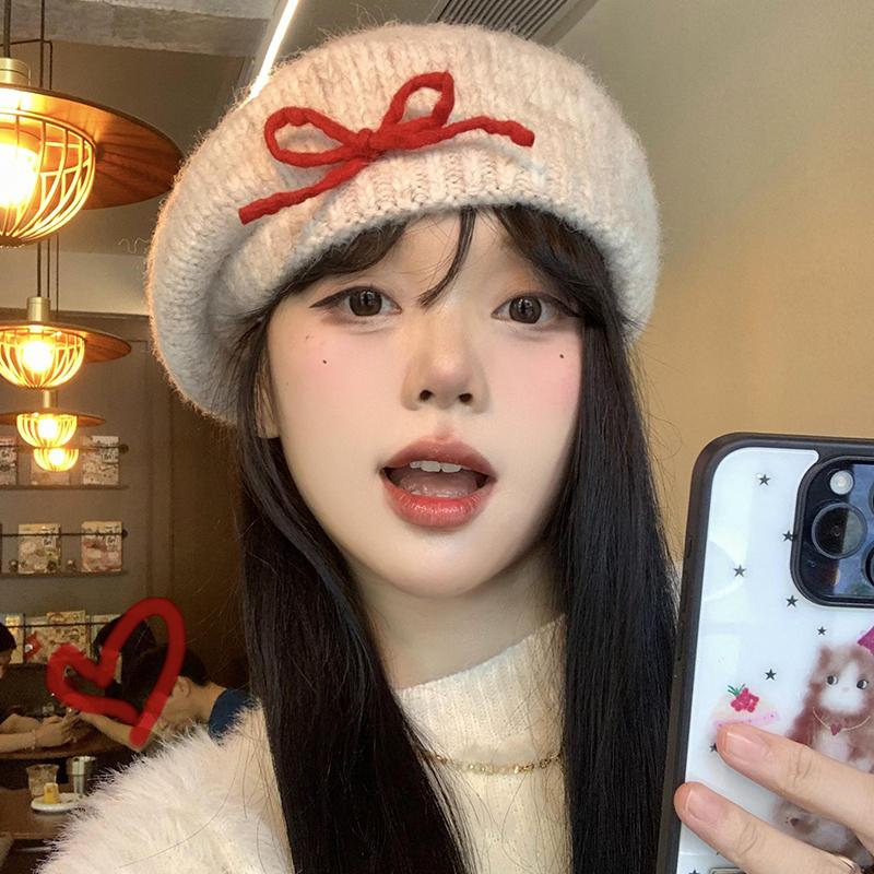 

Bow plush knitted beret female autumn and winter warm sweet sister wool hat show face small bud hat tide Adult average size чорний