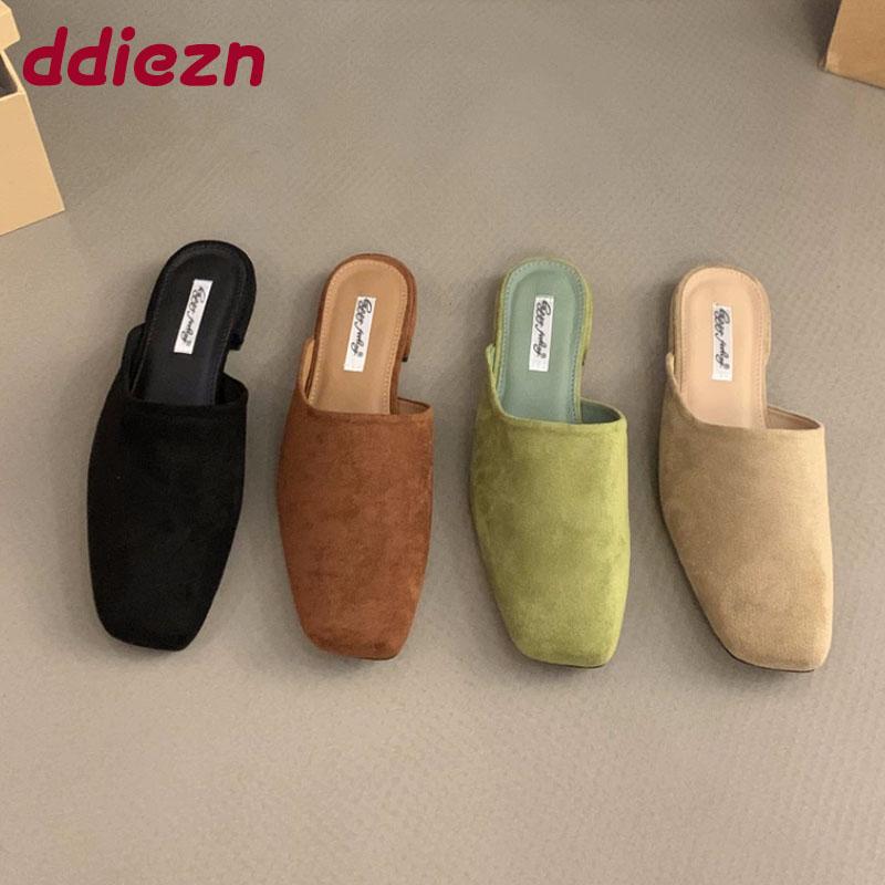 Fashion Summer Spring Fashion Square Toe Ladies Flats Slippers Luxury Flats Slippers Shoes For Women Mules Female Slides Sandals Shoes