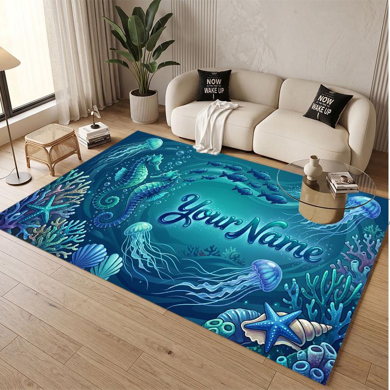 Fish Ocean Theme Soft Crystal Velvet Rug Custom Name & Text Print Non Slip Floor Rug for Bedroom Living Room