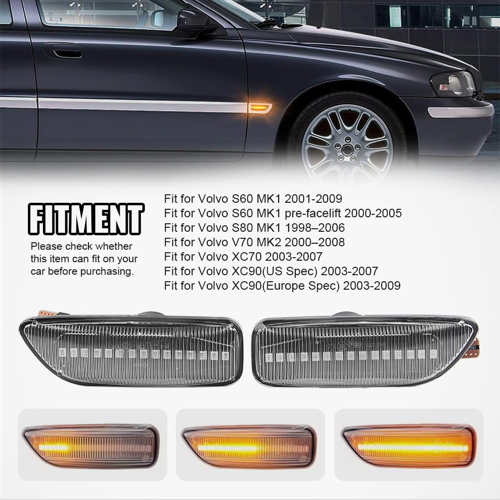 GZYF Front Fender Side Marker Lights for Volvo S60 S80 MK1 V70 MK2 XC70 XC90 Clear Lens, Amber Light