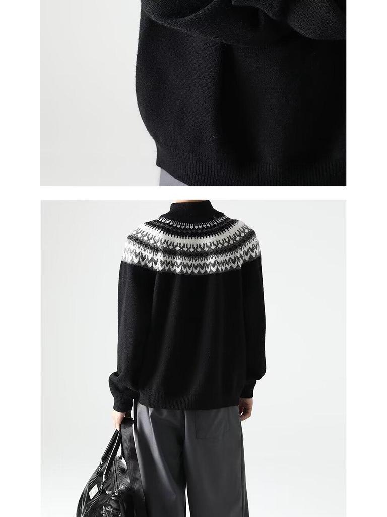 Men's Retro Jacquard Knitwear with Half-High Collar Zipper - Autumn/Winter Collection