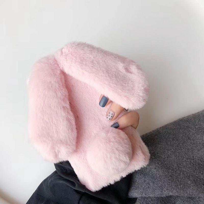 Plush Rabbit Hair Ball Round Tail Ears Lovely Cute Shockproof Phone Case for Apple Iphone 16 15 14 13 12 11 Pro Max X XR XS Max 6 6s 7 8 Plus Cover