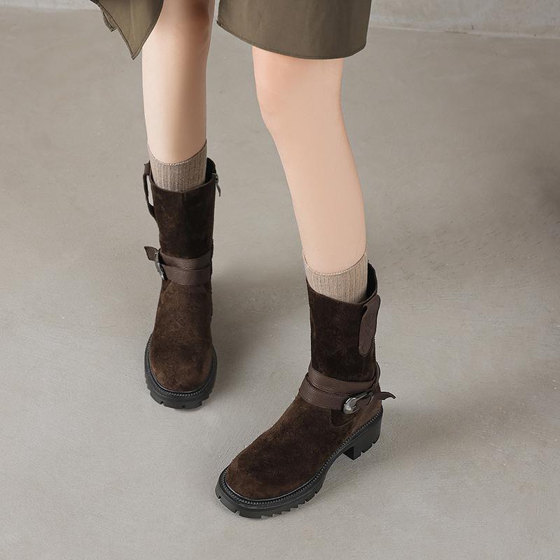 Krazing Pot Fashion Cow Suede Nubuck Winter Round Toe Modern Boots Med Heels Zipper Metal Buckle Mid-calf Boots